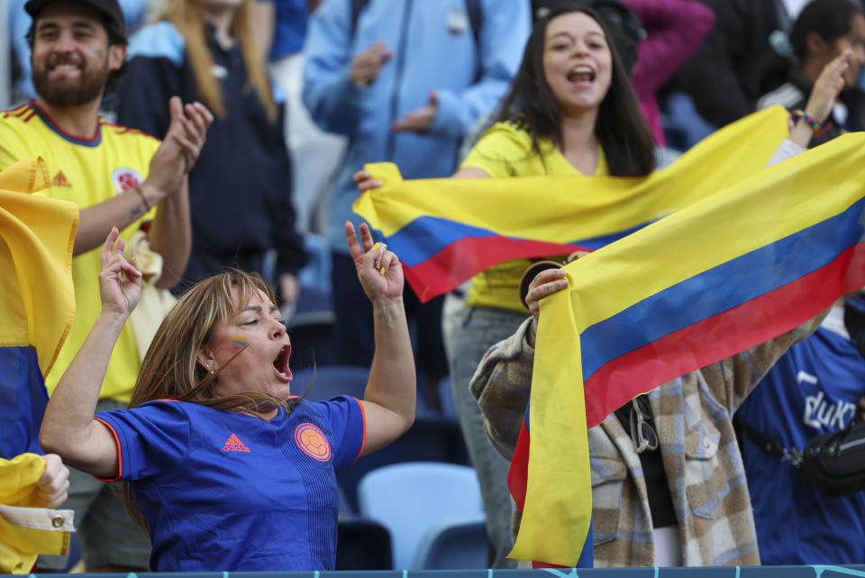 Fans cheer on Colombia during their Women's World Cup Group H soccer match between Colombia and South Korea at Sydney Football Stadium in Sydney, Australia, Friday, July 28, 2023. Almost a third of Australians are foreign-born, according to the Australian Bureau of Statistics, and over half have one or more parents born outside of the country leading to vocal crowds at matches. (AP Photo/Sophie Ralph)