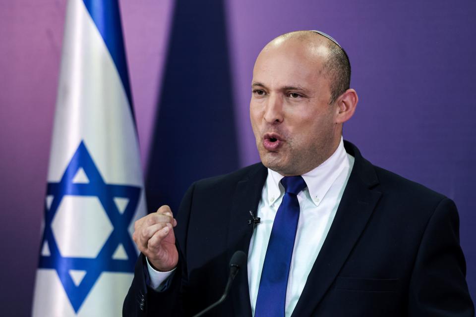 Naftali Bennett, Israeli parliament member from the Yamina party, gives a statement at the Knesset, Israel's parliament, in Jerusalem, Sunday, June 6, 2021.