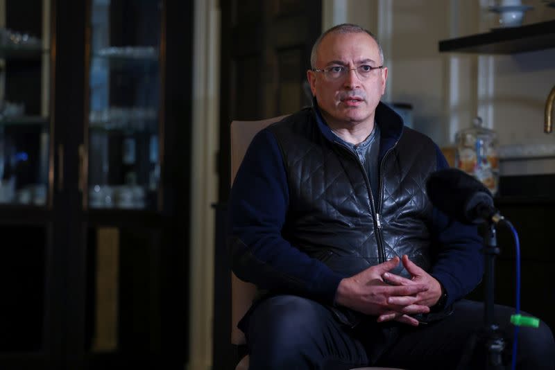 Former Russian tycoon Mikhail Khodorkovsky speaks during an interview with Reuters in central London, Britain