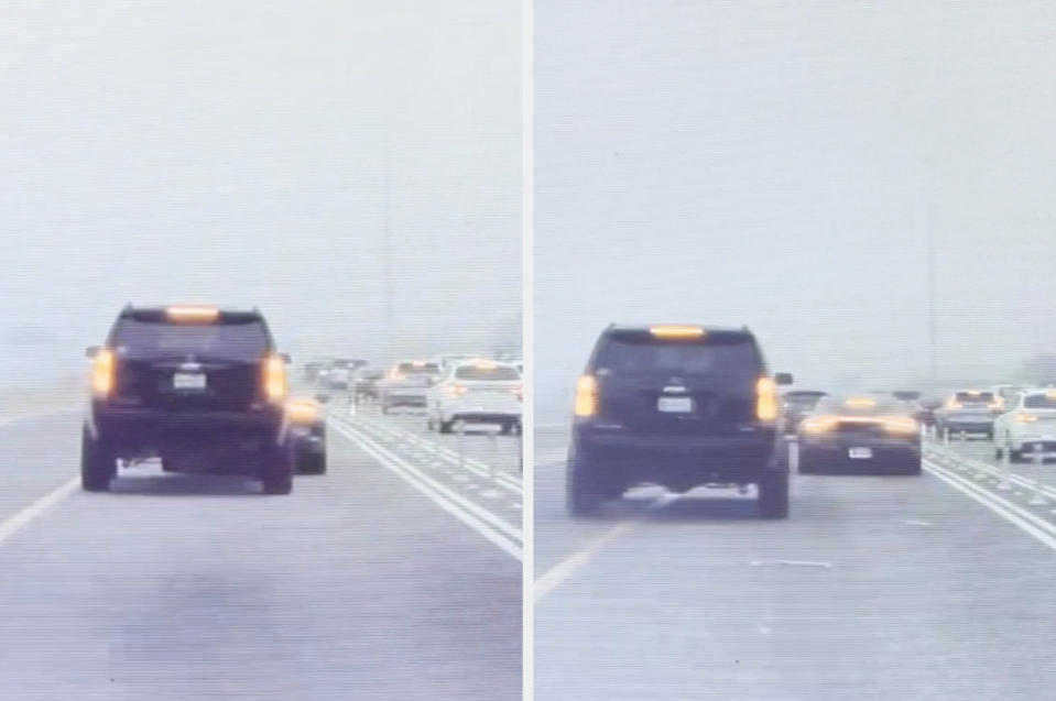 A big Escalade-type truck tailgating on a car in the fast lane, despite there being traffic