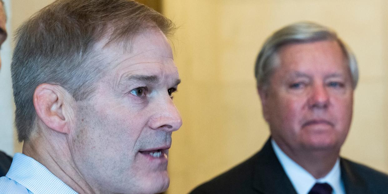 Republican Rep. Jim Jordan of Ohio and Sen. Lindsey Graham of South Carolina at a press conference on Capitol Hill on June 22, 2022.