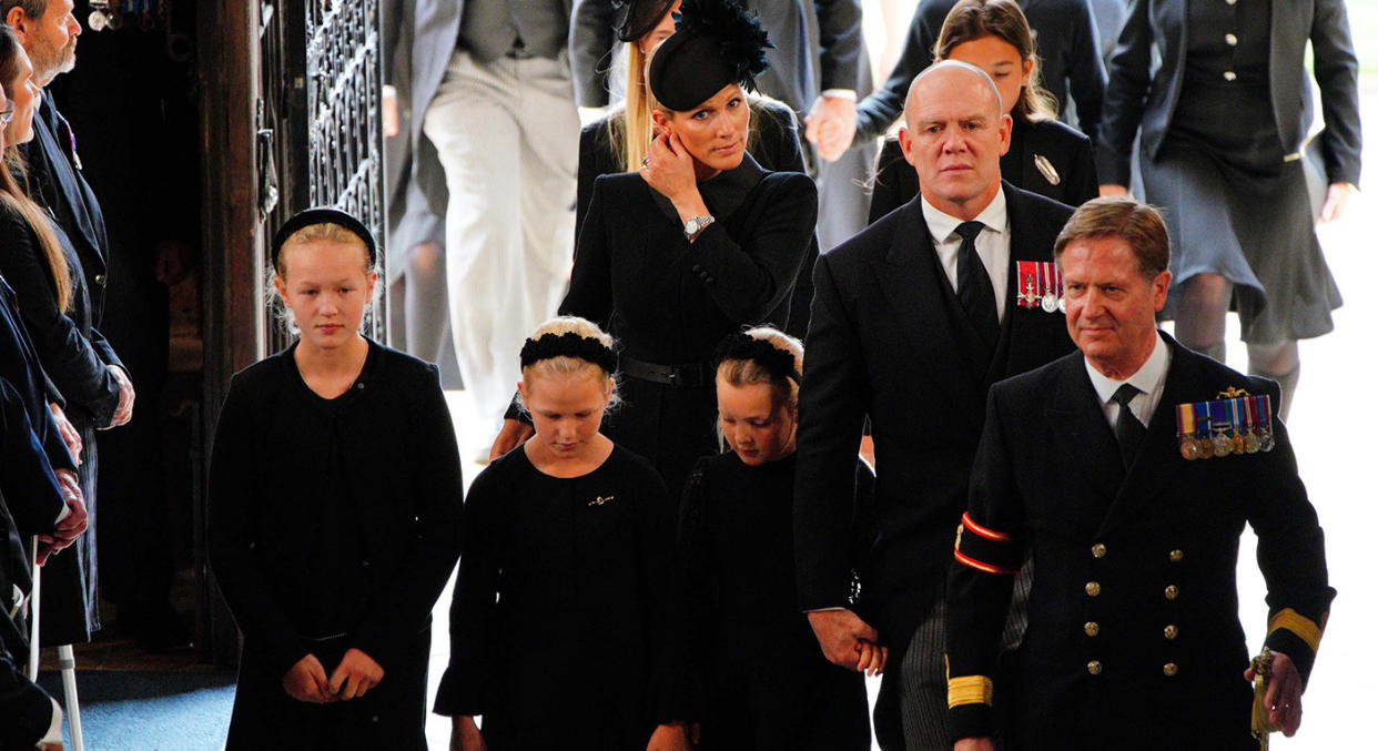 (L-R) Savannah Phillips, Isla Phillips, Zara Tindall, Mia Tindall and Mike Tindall arrive for the Committal Service for Queen Elizabeth II held at St George's Chapel on September 19, 2022. (Getty Images)