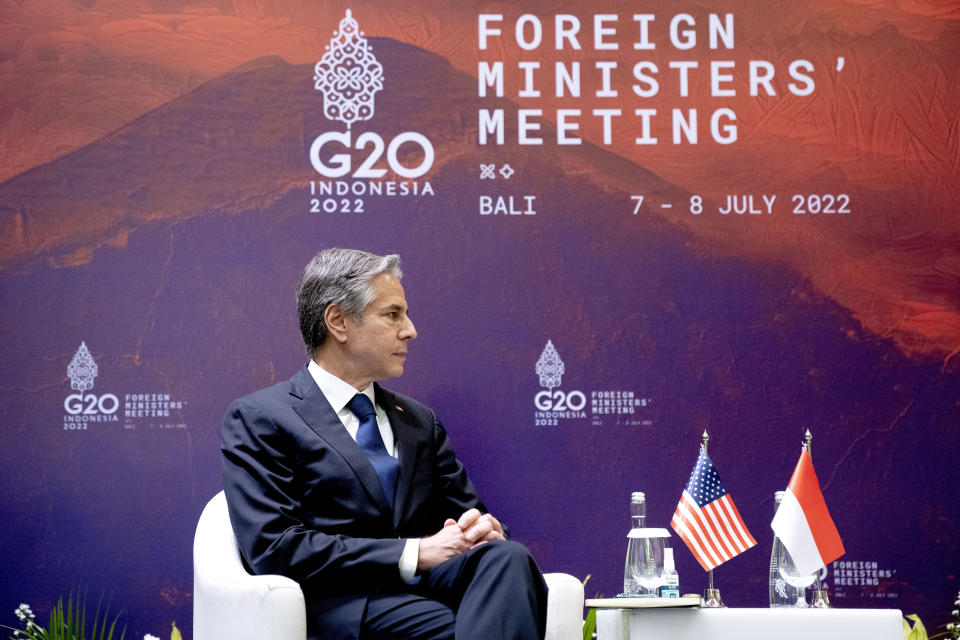 U.S. State Secretary Antony Blinken attends a meeting with Indonesia's Foreign Minister Retno Marsudi during the G20 Foreign Ministers' Meeting in Nusa Dua on the Indonesian resort island of Bali Friday, July 8, 2022. (Stefani Reynolds/Pool Photo via AP)