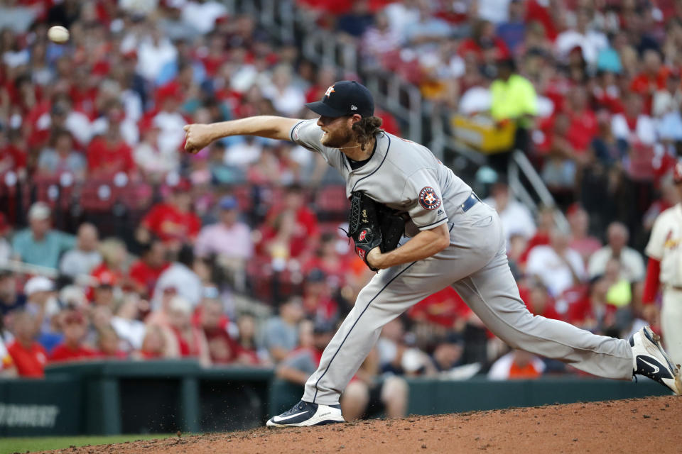 Houston Astros starting pitcher Gerrit Cole throws during the fourth inning of a baseball game against the St. Louis Cardinals, Saturday, July 27, 2019, in St. Louis. (AP Photo/Jeff Roberson)