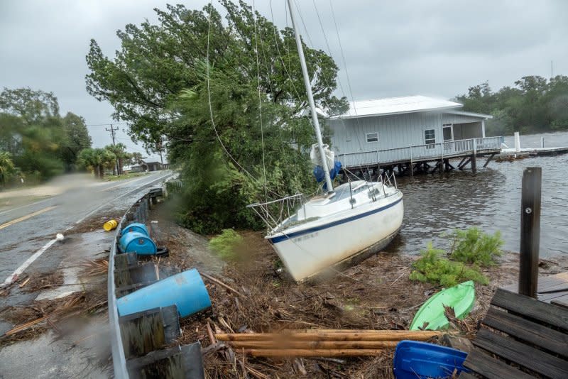 A boat is stranded in the town of Jena after Hurricane Idalia made landfall near Keaton Beach, Fla., Wednesday. Photo by Cristobal Herrera-Ulaschkevich/ EPA-EFE