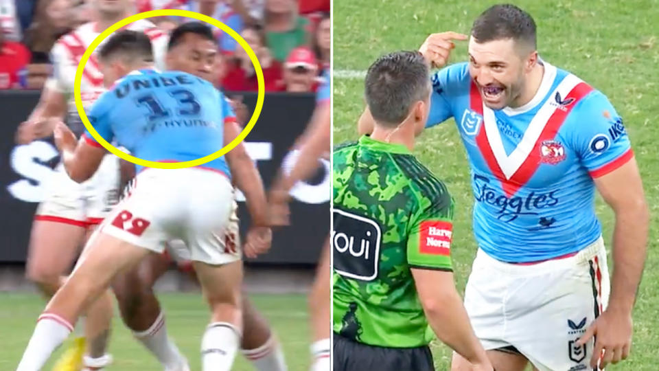 Victor Radley makes a tackle and Roosters captain James Tedesco argues with the referee.