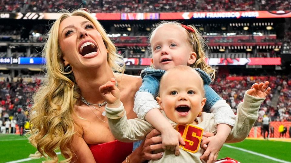 PHOTO: Brittany Mahomes poses for a photo with her children before the NFL Super Bowl 58 football game between the San Francisco 49ers and the Kansas City Chiefs, Feb. 11, 2024, in Las Vegas.  (Julio Cortez/AP)