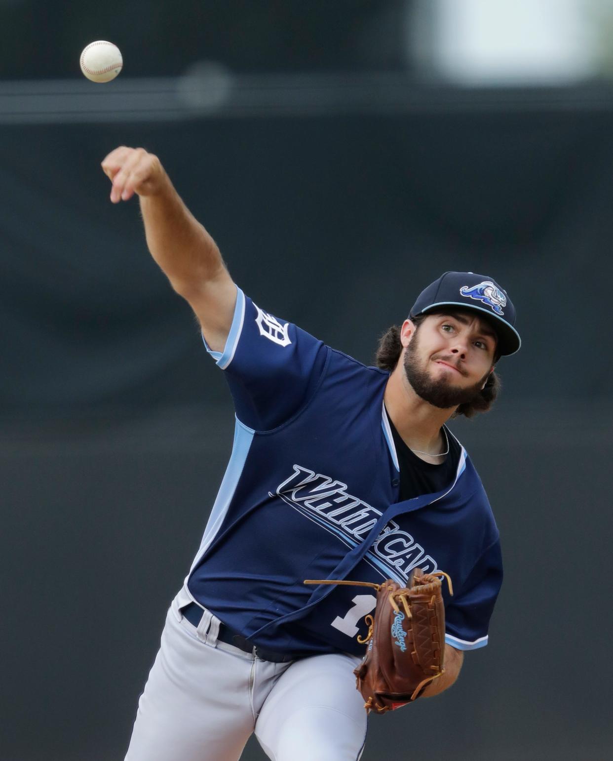 West Michigan Whitecaps' Jaden Hamm (17) pitches against the Wisconsin Timber Rattlers Tuesday, July 9, 2024, at Neuroscience Group Field at Fox Cities Stadium in Grand Chute, Wisconsin. The Timber Rattlers won 4-0.