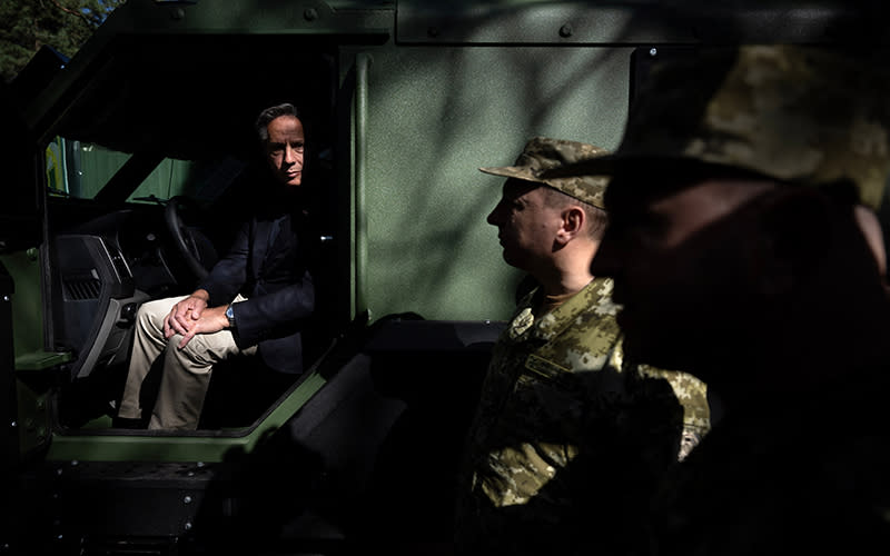 Secretary of State Antony Blinken sits in a MRAP donated by the United States while touring a State Border Guard of Ukraine