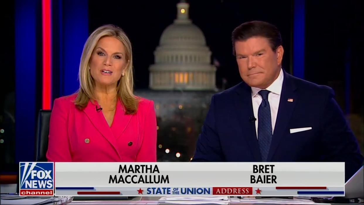  Fox News' Martha MacCallum and Bret Bair . 