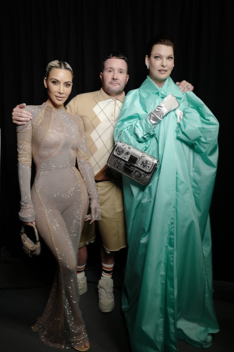 Kim Kardashian, Kim Jones and Linda Evangalista at the Front Row of the Fendi Spring 2023 fashion show at the Hammerstein Ballroom on September 9th, 2022 in New York City, New York.