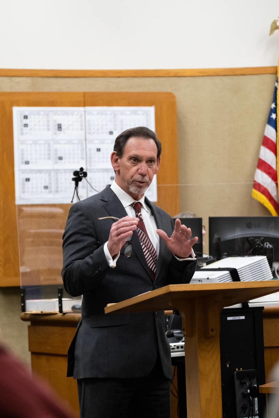 Defense attorney Ray Allen gives closing statements in the case against his client, Stephen Deflaun, in San Luis Obispo Superior Court on Apr. 18, 2023.