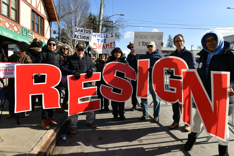 NEW YORK, NEW YORK - FEBRUARY 01: MoveOn along with other progressive groups deliver 100,000 petition signatures calling on George Santos to resign on February 01, 2023 in New York City.