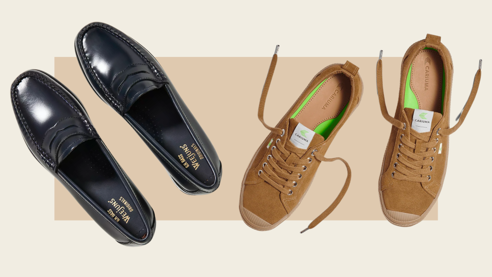 Play with color and comfort with two-toned, flat-soled shoes.