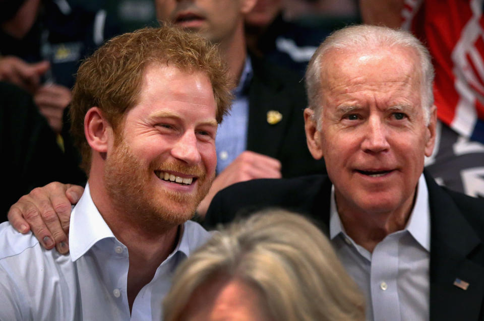 ORLANDO, FL - MAY 11:  Prince Harry and Vice President of the United States of America Joe Biden watch USA Vs Denmark in the wheelchair rugby match at the Invictus Games Orlando 2016 at ESPN Wide World of Sports on May 11, 2016 in Orlando, Florida. Prince Harry, patron of the  Invictus Games Foundation is in Orlando for the Invictus Games 2016. The Invictus Games is the only International sporting event for wounded, injured and sick servicemen and women. Started in 2014 by Prince Harry the Invictus Games uses the power of Sport to inspire recovery and support rehabilitation.  (Photo by Chris Jackson/Getty Images for Invictus Games)
