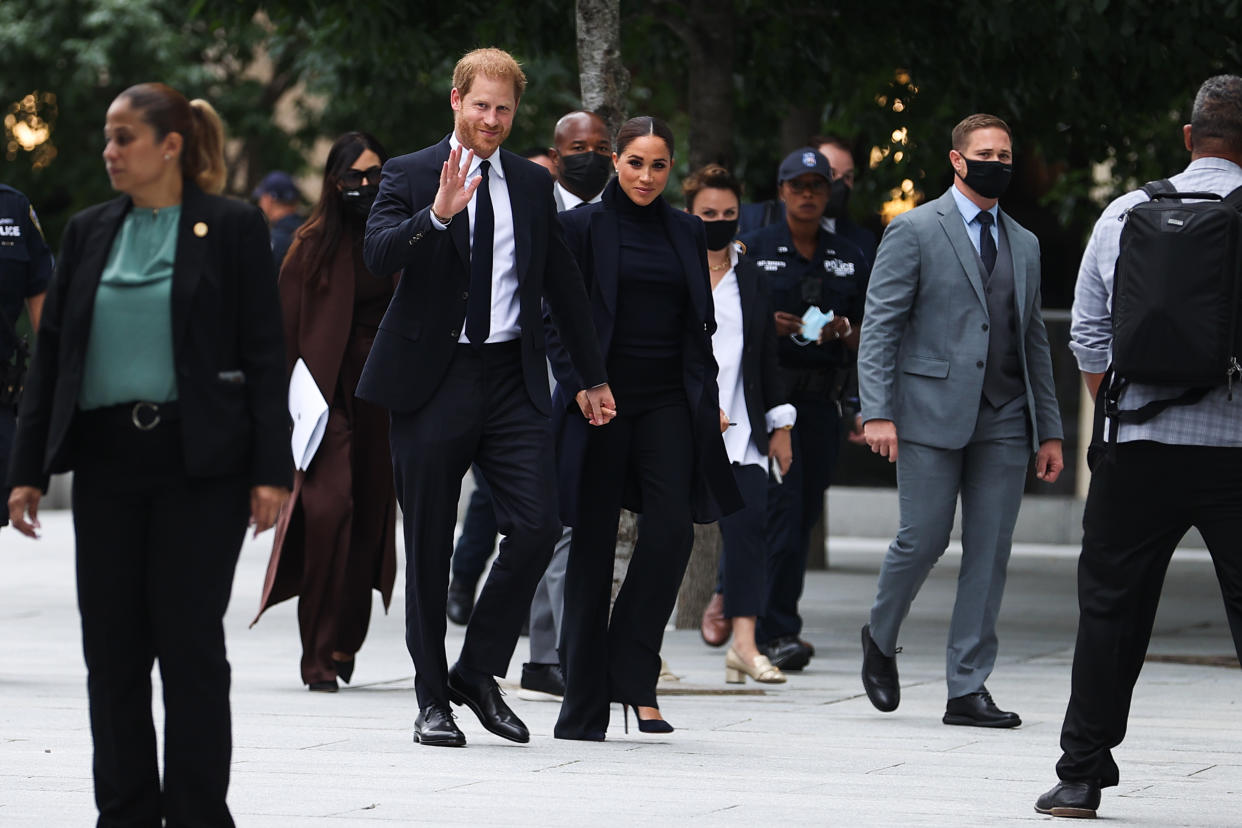 NEW YORK, NY - SEPTEMBER 23: Prince Harry and Meghan Markle visit the One World Observatory as NY Governor Hochul and NYC Mayor Blasio walk along with them in New York City, United States on September 23, 2021. (Photo by Tayfun Coskun/Anadolu Agency via Getty Images)