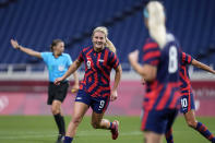 United States' Lindsey Horan(9) celebrates after scoring a goal during a women's soccer match against New Zealand at the 2020 Summer Olympics, Saturday, July 24, 2021, in Saitama, Japan. (AP Photo/Martin Mejia)