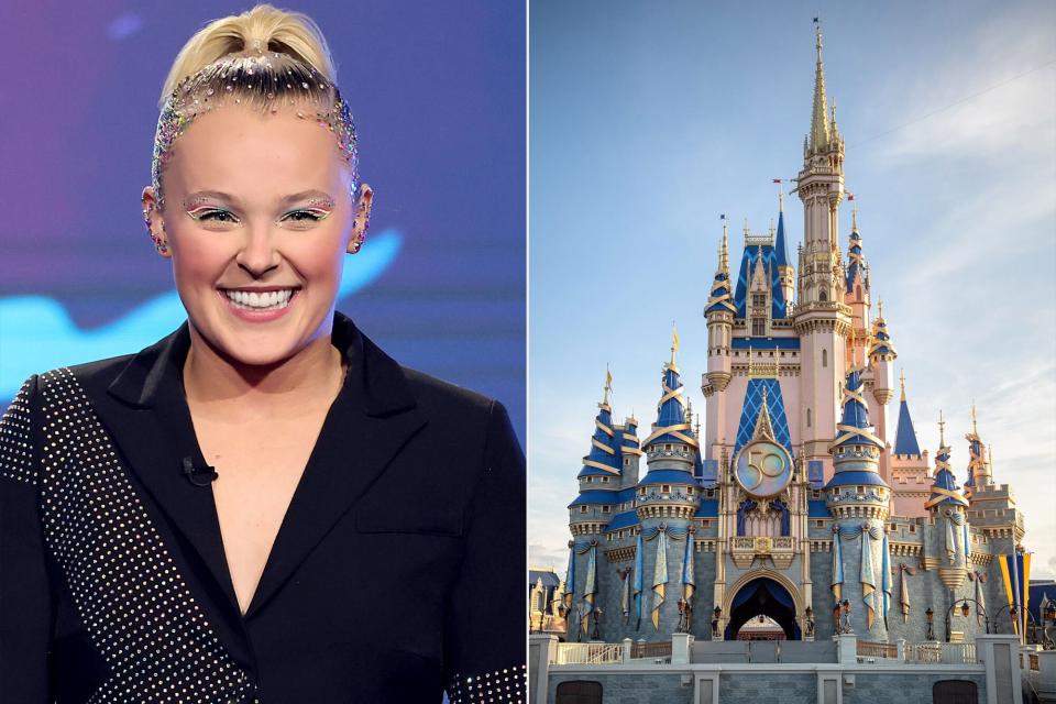 Host JoJo Siwa speaks onstage during the 2022 Children's & Family Creative Arts Emmys at Wilshire Ebell Theatre on December 10, 2022 in Los Angeles, California.; A new crest honoring the 50th anniversary of Walt Disney World Resort adorns Cinderella Castle at Magic Kingdom Park in Lake Buena Vista, Fla.