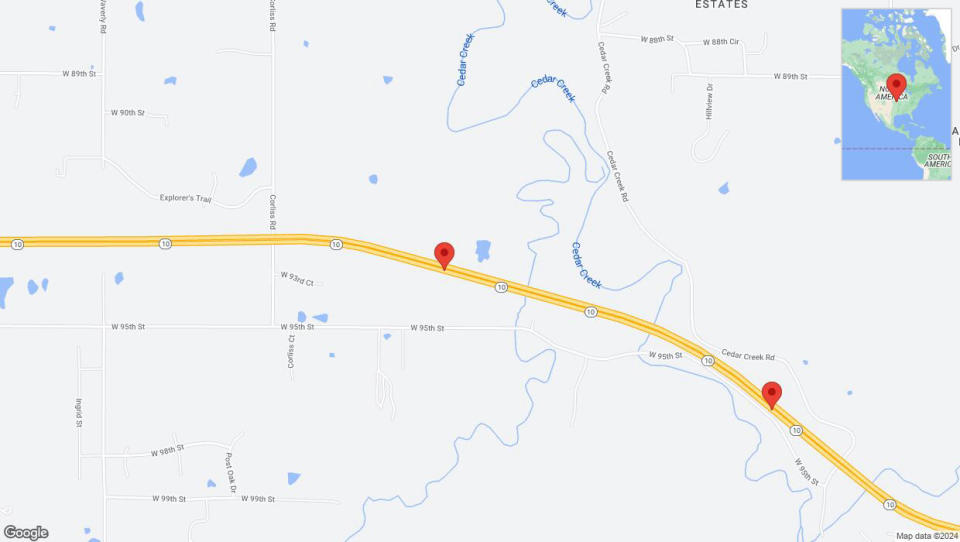 A detailed map that shows the affected road due to 'Crash reported on eastbound K-10 in De Soto' on July 16th at 4:52 p.m.