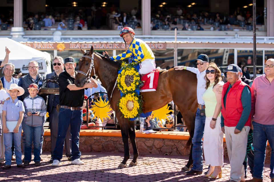 Jockey Alfredo J. Juarez, Jr. celebrates after riding Flying Connection (1) in the win in the Sunland Oaks during the 18th running of the Sunland Derby at Sunland Park Racetrack & Casino in Sunland Park , New Mexico , Sunday, March 26, 2023. The trainer is Todd Fincher. 