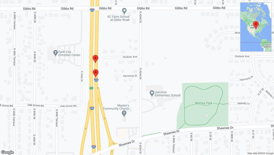 A detailed map that shows the affected road due to 'Broken down vehicle on northbound I-635 in Kansas City' on January 4th at 8 p.m.