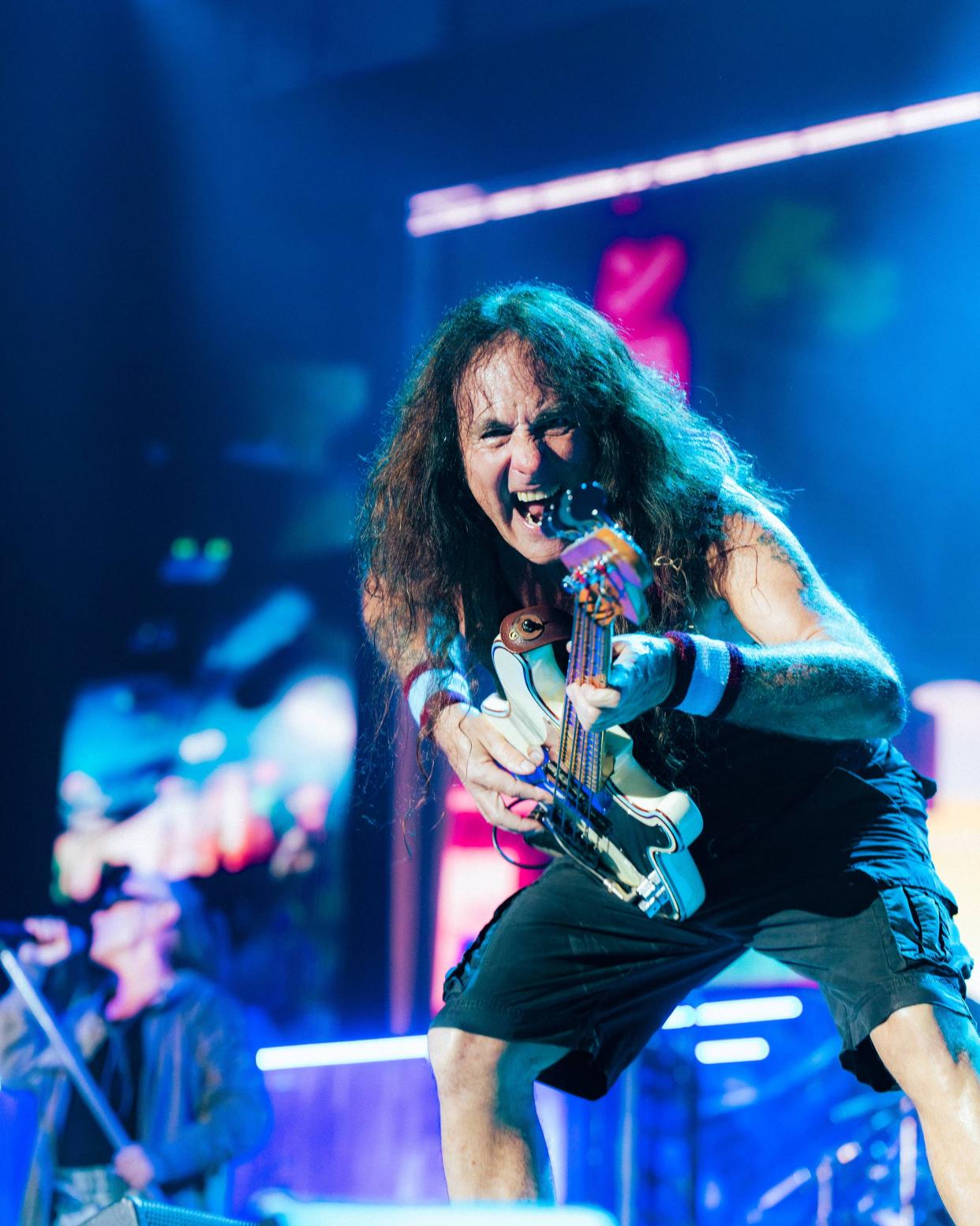 Iron Maiden guitarist Steve Harris performs during the first night of the Power Trip music festival at the Empire Polo Club in Indio, Calif., Friday, Oct. 6, 2023.