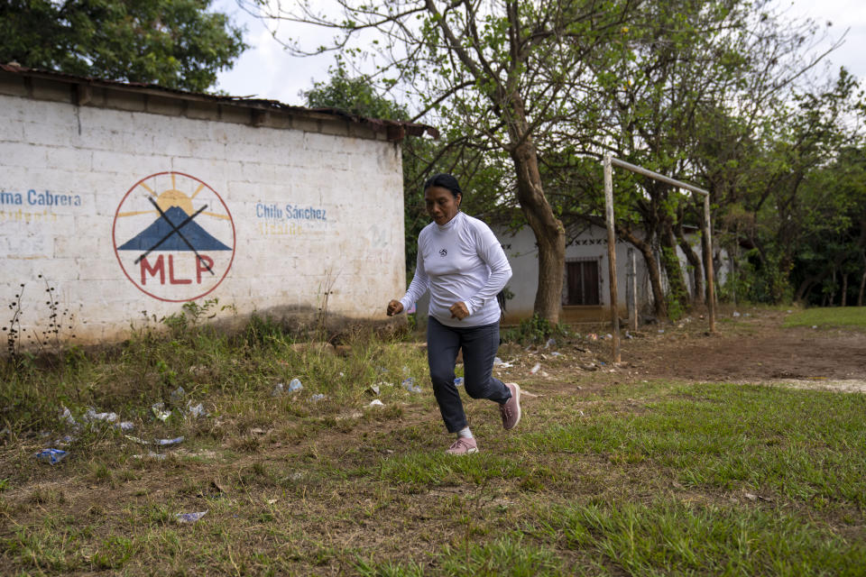 Thelma Cabrera, presidential hopeful for the Movement for the Liberation of the People, MLP, party runs laps during her exercise routine in El Asintal, Guatemala, Monday, March 13, 2023. Cabrera and the MLP are waiting for the Supreme Electoral Tribunal to approve the candidacy of her running-mate Jordan Rodas, ahead of 2023 general elections. (AP Photo/Moises Castillo)