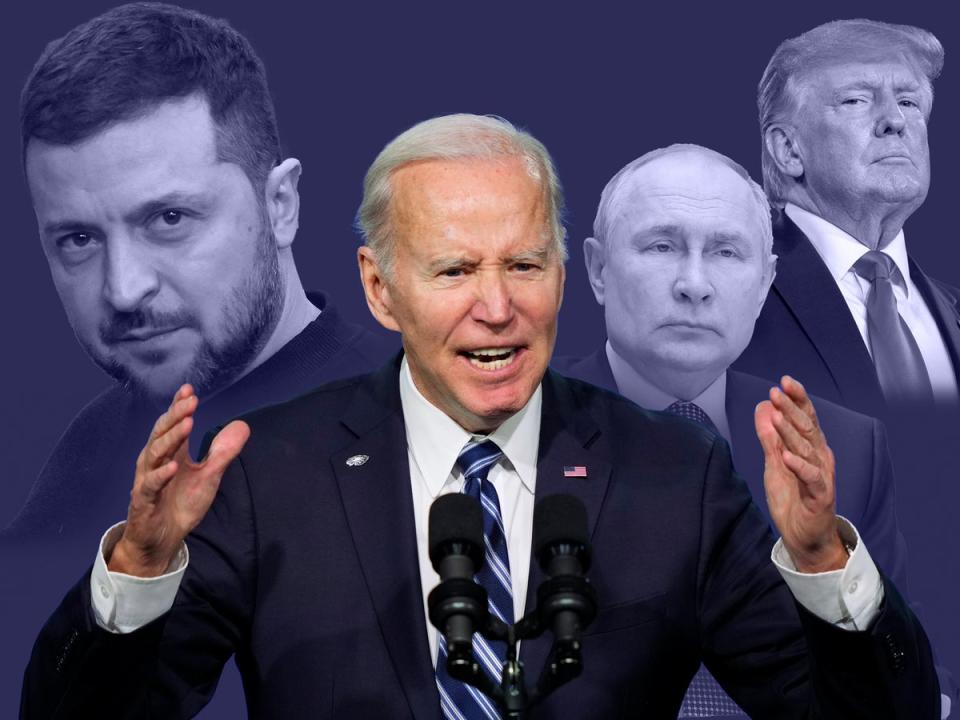 Joe Biden has supported President Zelensky, left, while dealing with the fallout from the presidency of Donald Trump, right, and Vladimir Putin’s war   (Getty/EPA/AP)