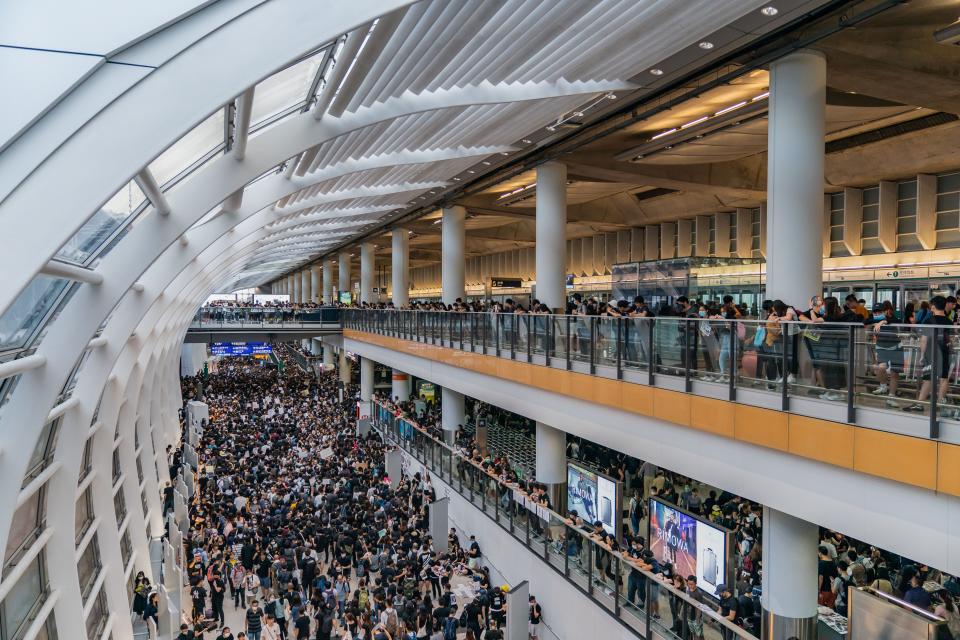 Protesters occupy the Hong Kong International Airport during a demonstration on Aug. 12, 2019.