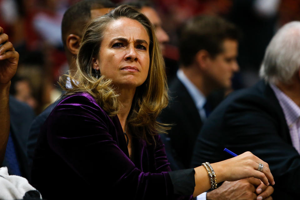 MIAMI, FL - NOVEMBER 07:  Assistant coach Becky Hammon of the San Antonio Spurs looks on prior to the game against the Miami Heat at American Airlines Arena on November 7, 2018 in Miami, Florida. NOTE TO USER: User expressly acknowledges and agrees that, by downloading and or using this photograph, User is consenting to the terms and conditions of the Getty Images License Agreement.  (Photo by Michael Reaves/Getty Images)