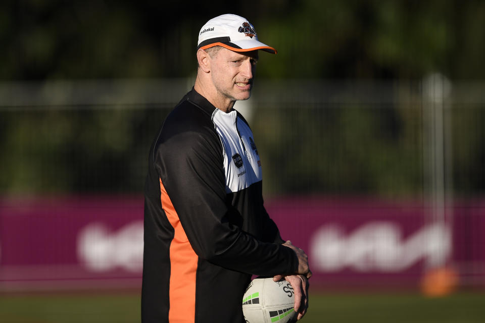 Seen here, Wests Tigers coach Michael Maguire looks on during a training session with the NRL club.