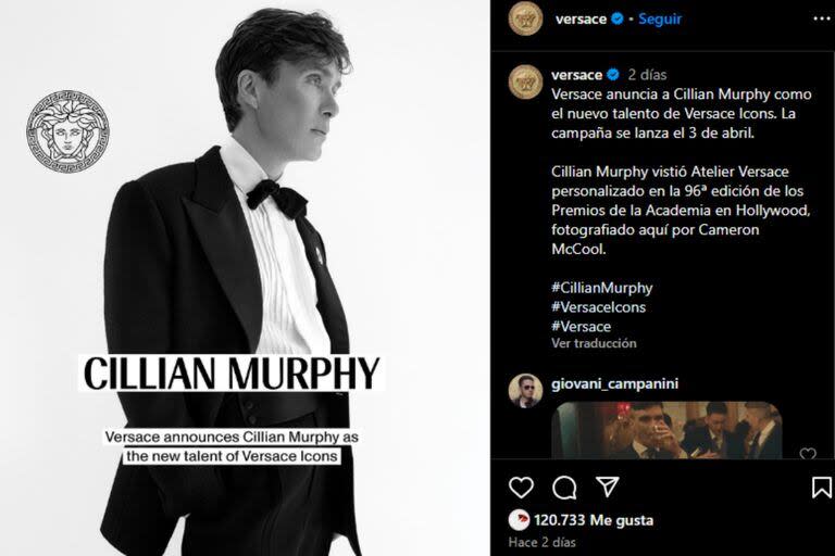 Cillian Murphy es la nueva cara de Versace (Foto Instagram @versace)