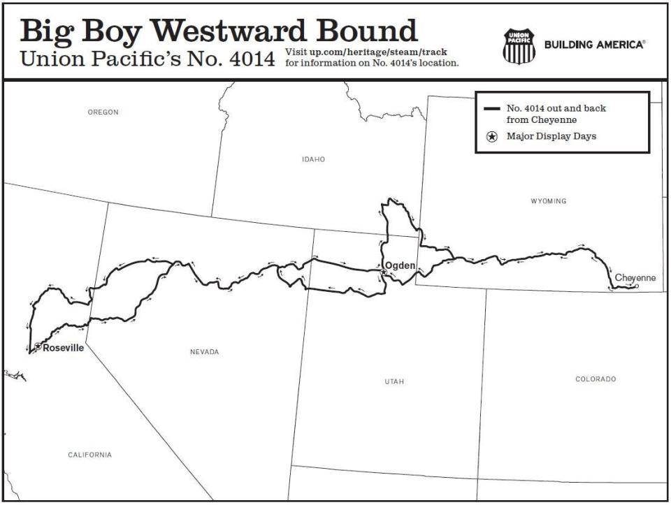 A Union Pacific map for its famed Big Boy No. 4014, the world's largest operating steam locomotive, which will come west during its "Westward Bound" summer tour.