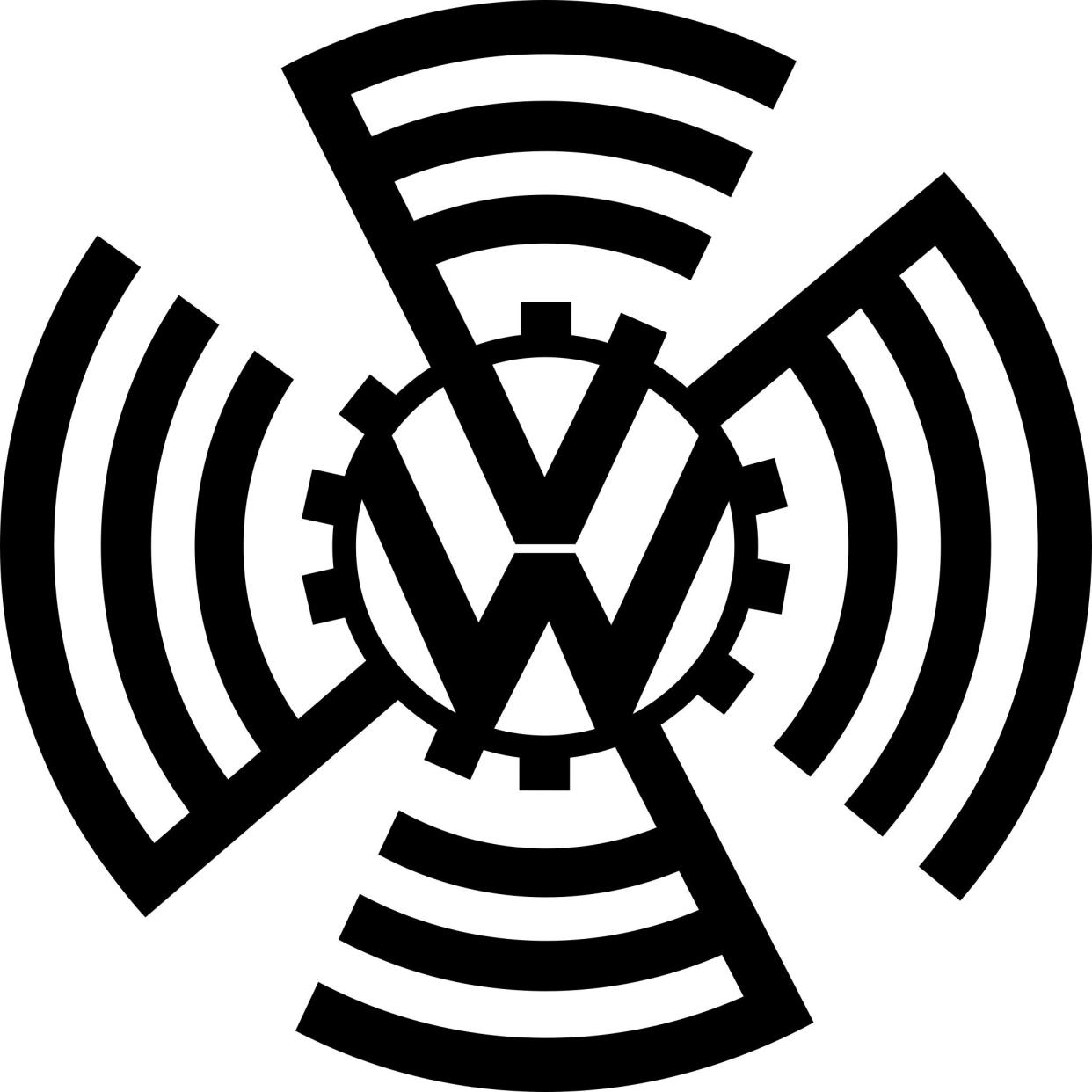 VW logo during the 1930s, initials surrounded by a stylized cogwheel and swastika wings