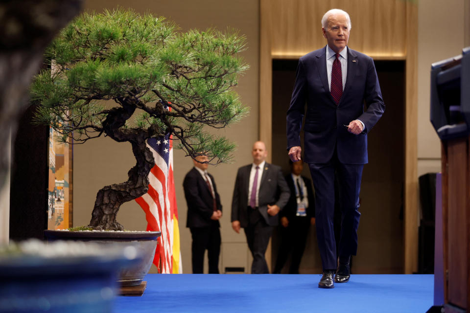 U.S. President Joe Biden arrives to hold a press conference at the conclusion of the G7 Summit, in Hiroshima, Japan, May 21, 2023. REUTERS/Jonathan Ernst