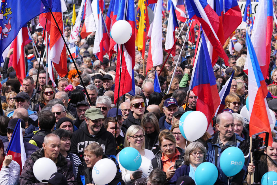 Thousands of people gather to protest high inflation and to demand the government's resignation in Prague, Czech Republic, Sunday, April 16, 2023. (AP Photo/Petr David Josek)