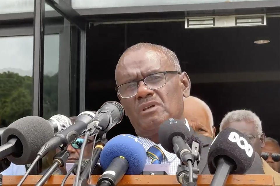 In this image from a video, Solomon Islands Prime Minister-elect Jeremiah Manele speaks during a press conference in Honiara, Solomon Islands Thursday, May 2, 2024. Solomon Islands lawmakers on Thursday chose former Foreign Minister Jeremiah Manele as the new prime minister of the South Pacific island nation that has grown closer to China in recent years. (Australian Broadcasting Corporation via AP)