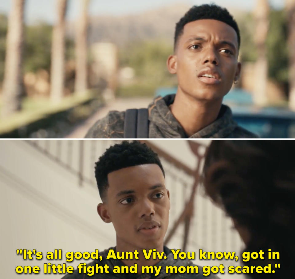 Will saying, "It's all good, Aunt Viv. You know, got in one little fight and my mom got scared"