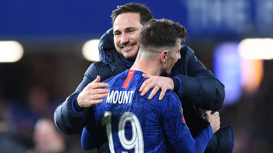 Frank Lampard is pictured here embracing Chelsea youngster Mason Mount.