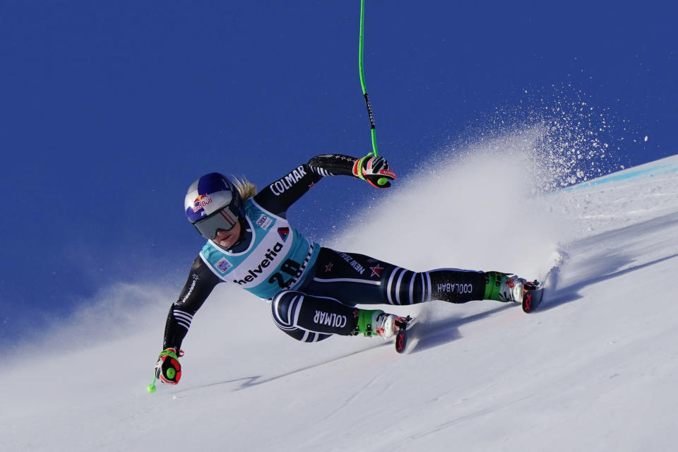 New Zealand's Alice Robinson speeds down the course during an alpine ski an alpine ski, women's World Cup super-G in St. Moritz, Switzerland, Sunday, Dec. 12, 2021. (AP Photo/Marco Tacca)