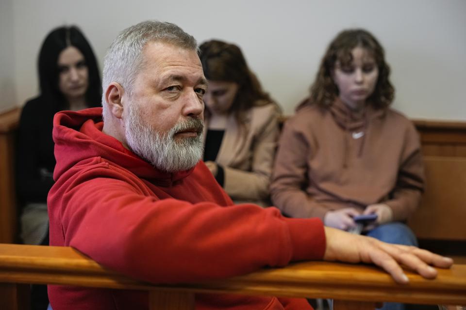 FILE - Journalist Dmitry Muratov, editor-in-chief of Novaya Gazeta, sits in Moscow City Court during an appeal of a ruling against the influential newspaper in Moscow, Russia, on Tuesday, Feb. 7, 2023. Novaya Gazeta announced in 2022 it was suspending its operations for the duration of Russia's military action in Ukraine, and authorities later revoked its license. Its staff moved abroad and launched Novaya Gazeta Europe, which has been critical of the Kremlin. (AP Photo, File)