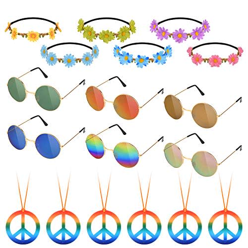 Hotusi 18Pcs Hippie Costume Accessory Set for 60s 70s Dressing Accessory Hippie Party Supplies( 6pcs Peace Sign Necklaces+ 6pcs Daisy Sunflower Headbands+6pcs Retro Round Sunglasses)