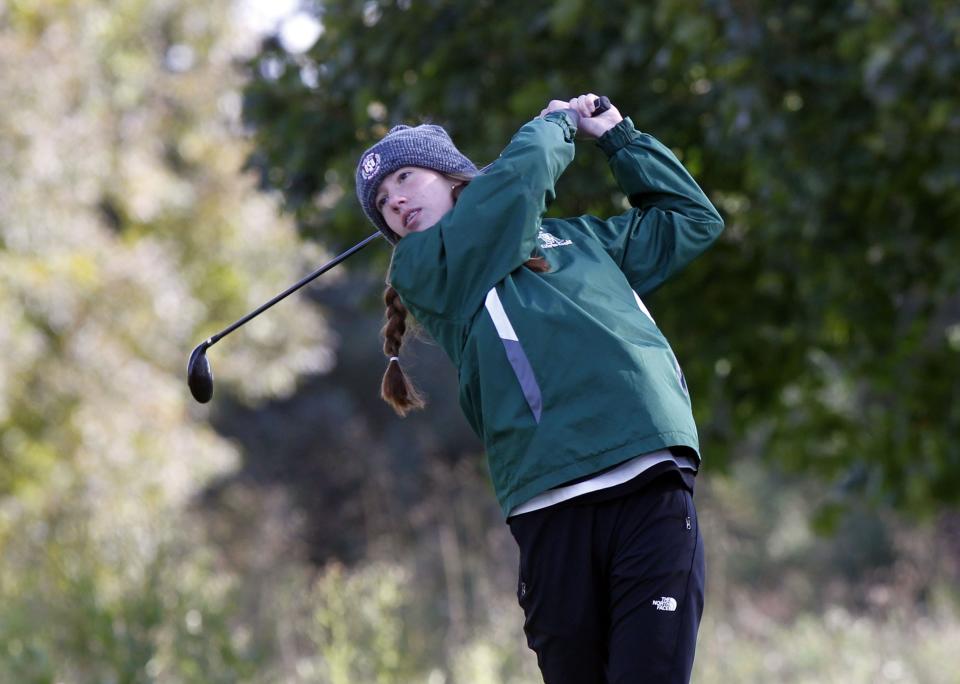 Akron St. Vincent-St. Mary's Caitrin Coyle tees off during the Girls Division II State Championships on Oct. 15 at the Ohio State Golf Club Gray Course.