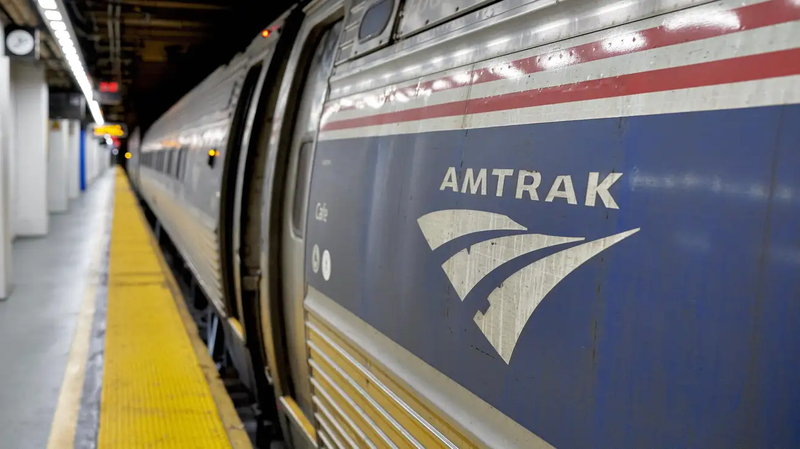 The exterior logo of an Amtrak train