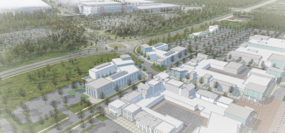 This rendering shows a conceptual plan for mixed-use development in Johnstown, across from the Intel factory project in New Albany. The New Albany Co. has proposed a 417-acre mixed-use project within Johnstown.