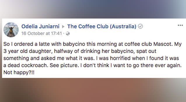 Ms Juniarni posted about the incident along with a photo of the cockroach on Coffee Club's Facebook page. Photo: Facebook