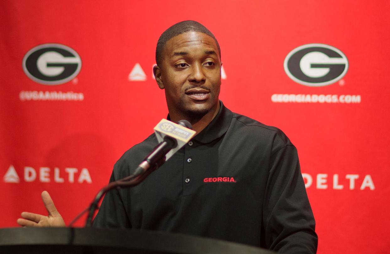 Georgia football interim head coach Bryan McClendon speaks at a press conference Wednesday, Dec. 16, 2015, in Athens, Ga.. (AP Photo/David Goldman)