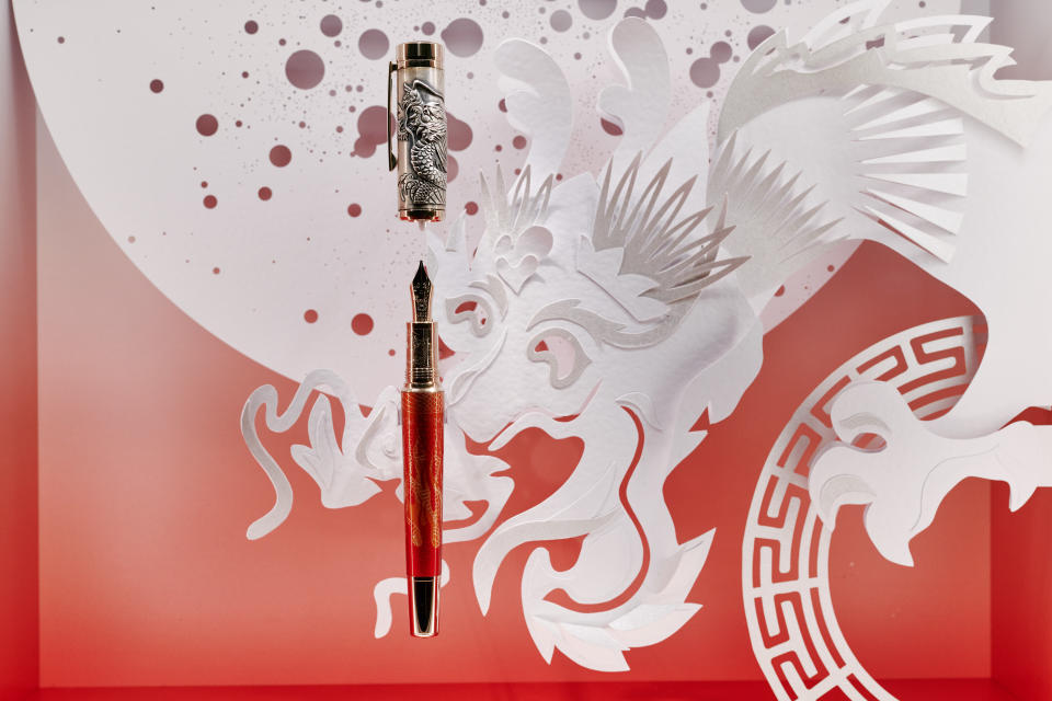 A pen with a dragon motif on display at Montblanc Haus in Hamburg. - Credit: DANIEL SCHAEFER