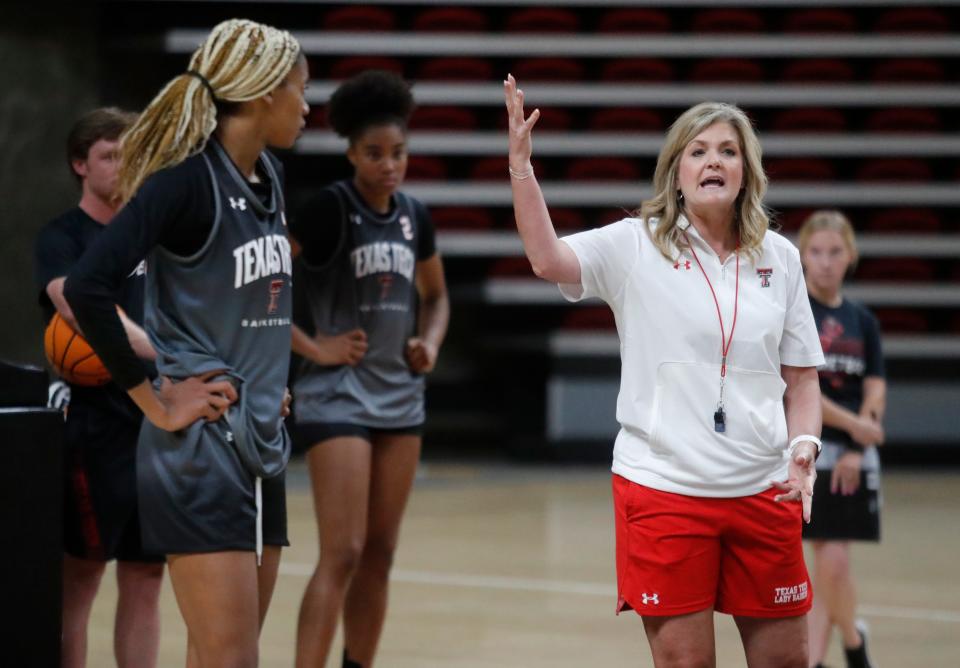 Texas Tech women’s basketball coach Krista Gerlich talks to her players during the Lady Raiders’ first official practice, Sept. 26, 2022, at the United Supermarkets Arena in Lubbock.