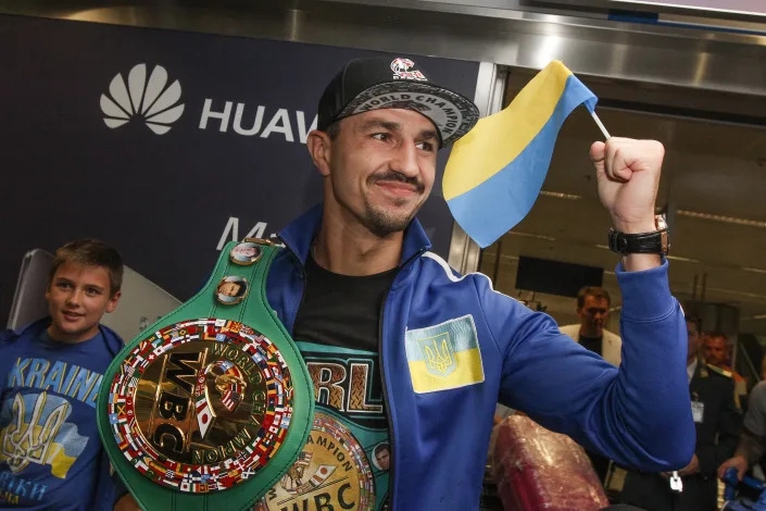 Ukraine greets a professional light welterweight boxer a current WBC Light Welterweight Champion Victor Postol at Boryspil International Airport in Kyiv, October 6, 2015. Viktor Postol knocked out Argentine Matthysse in the 10th round for the vacant WBC Light welterweight belt at StubHub Center in Carson, CA on October 3, 2015 and broke into the world top twenty boxers. (Photo by Sergii Kharchenko/NurPhoto) (Photo by NurPhoto/NurPhoto via Getty Images)